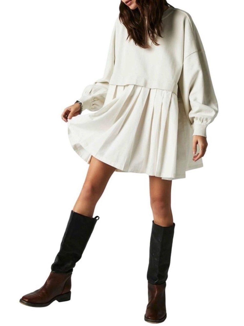 FREE PEOPLE ELEANOR LAYERED SWEATSHIRT MINIDRESS IN WHITE/CREAM SIZE LARGE